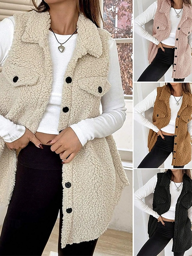  Femmes Veste en Polaire Veste Décontractée Chaud Confortable Avec Poches Boutons Mode Extérieur Uni Sortir Week-end Simple Boutonnage Régulier Revers Coupe régulière manche longue Vêtements