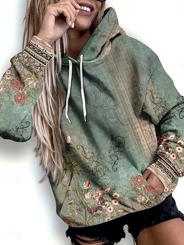Women's Pullover Hoodie Sweatshirt Floral Graphic Geometric Warm Vintage Casual Long Sleeve Hooded Regular Tops Street Dailywear Casual Patchwork Print Front Pocket Grass Green Spring Fall Winter4