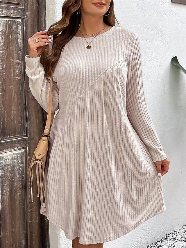  Dam Mini klänning Vardagsklänning Elegant Mode Modern Utomhus Dagligen Utekväll Normal Slät Långärmad Rund hals Aprikos Vår Höst
