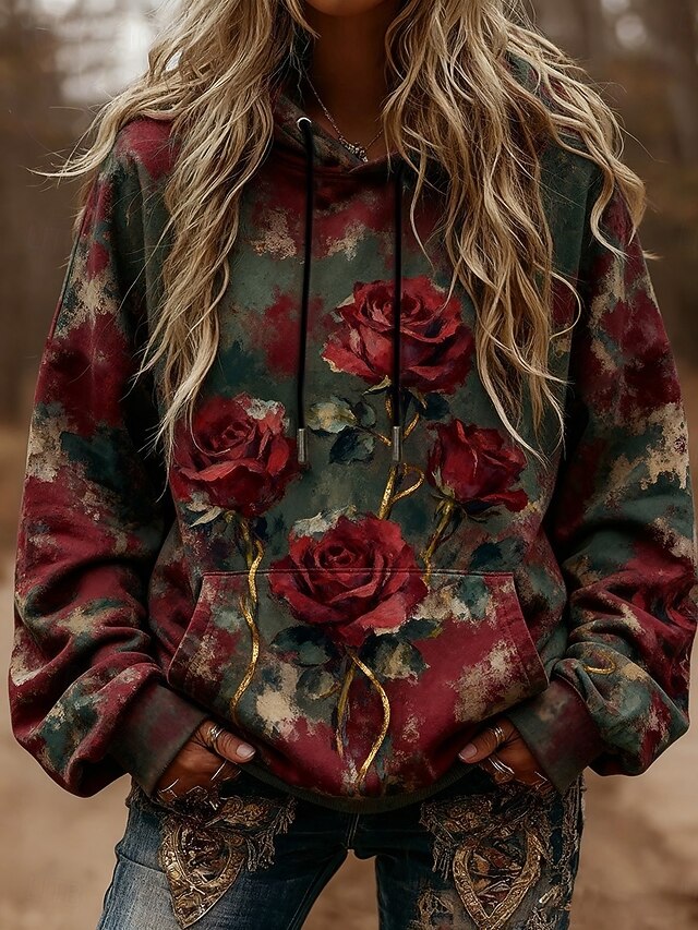 Women's Pullover Hoodies Rose Punk Vintage Streetwear Long Sleeve Hooded Regular Tops Dailywear Casual Sports Drawstring Pocket Print Green Spring Fall4