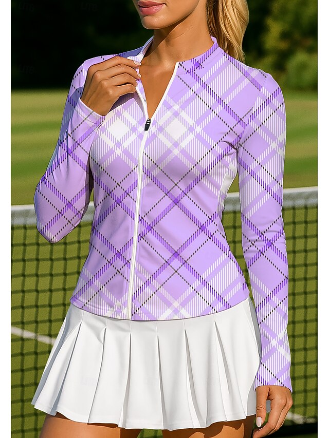 Women's Geometric Plaid Checkered Plaid / Check Checkered / Gingham Tops Sport Shirt Tennis Shirt Tennis Top Long Sleeve Zipper Floral UPF50+ UV Resistant High Elasticity Moisture Wicking Breathable4
