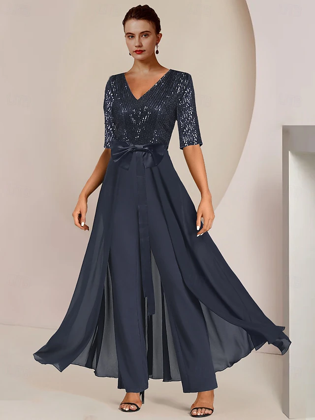 Jumpsuit Mother of the Bride Formal Wedding Guest Elegant Scoop Neck Ankle Length Chiffon Sequined Half Sleeve with Bow(s) Sequin 11