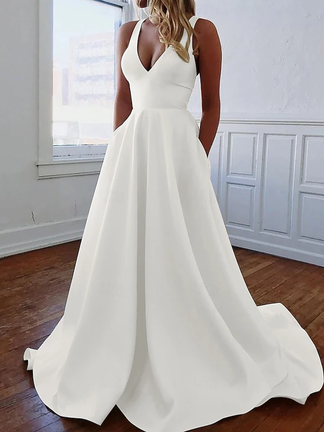 Casual Simple Wedding Dresses A-Line V Neck Sleeveless Sweep / Brush Train Satin Bridal Gowns With Pocket 7