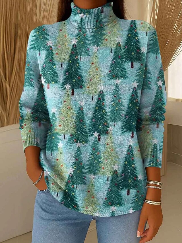 Women's Sweater Vintage Casual Soft Graphic Christmas Tree Ribbed Turtleneck Knitted Print Long Sleeve Regular Tops Knit Outdoor Daily Weekend Light Green Blue Fall Winter4