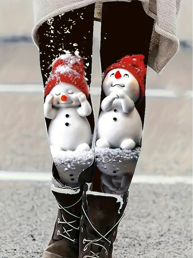 Жен. Леггинсы Мода Классический На каждый день Полная длина ЗавышеннаяPantsНовогодняя тематика Графика Снеговик В снежинку Рисунок Сохраняет тепло Мягкий Дышащий Эластичная