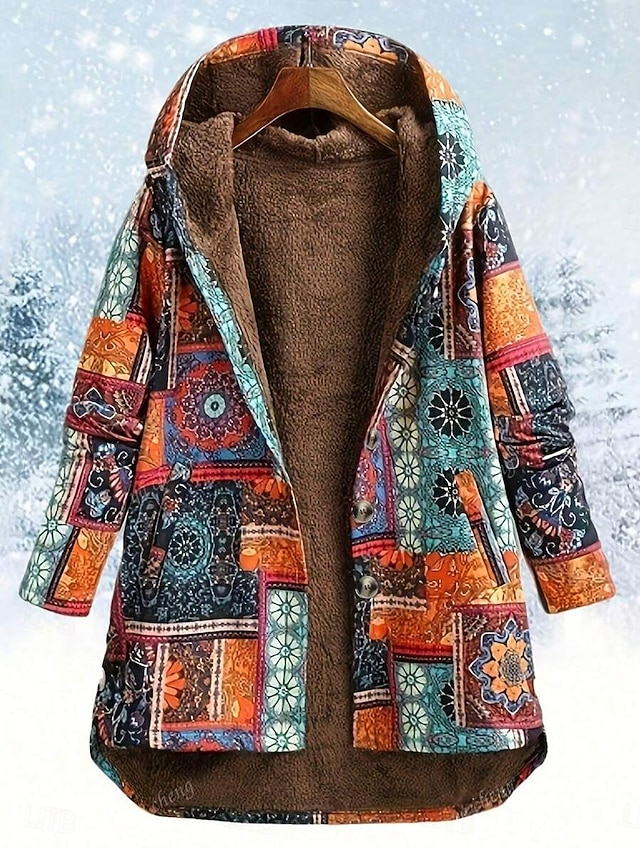  Mulheres Jaqueta sherpa Jaqueta casual Confortável Respirável Imprimir Casual Geométrica Férias Rua Casual Roupa Diária Abertura Frontal Longo Com Capuz Normal Manga Longa agasalhos Laranja Primavera