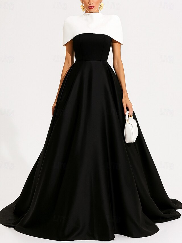 Ball Gown High Neck Cocktail Dresses Ankle-Length Color Block Elegant Formal Gown with Bowknot
