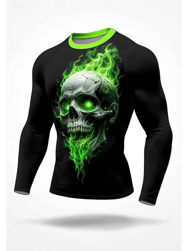 Men's Compression Shirt Running Shirt 3D Print Long Sleeve Base Layer Skull Quick Dry Compression Power Flex Moisture Wicking Gym Workout Active Training Exercise Sportswear Activewear Green4