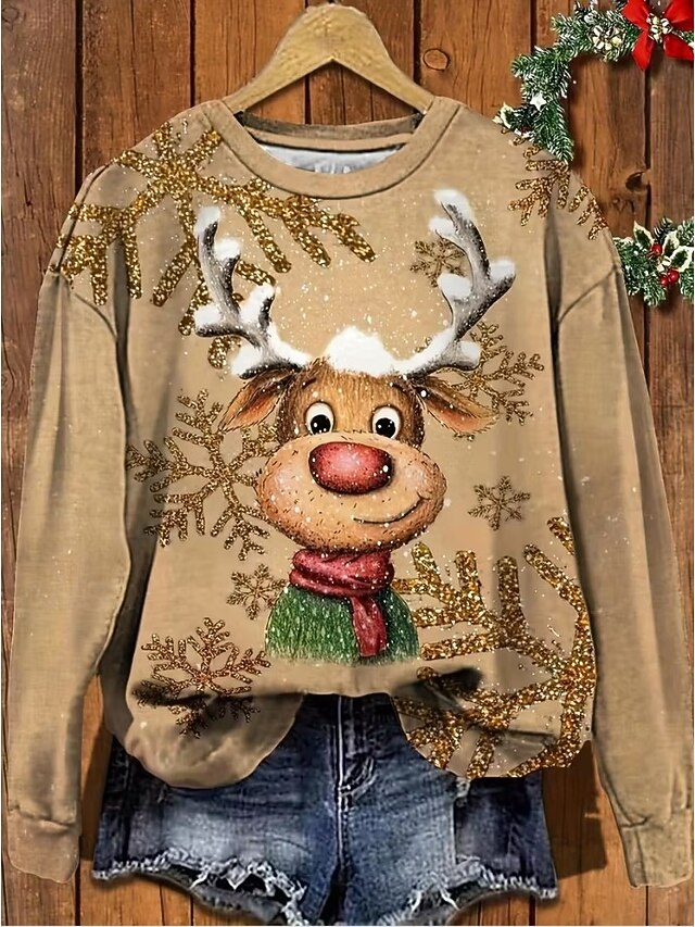 Women's Sweatshirts Graphic Reindeer Christmas Vintage Casual Long Sleeve Crew Neck Regular Tops Street Dailywear Casual Print Beige Fall Winter3