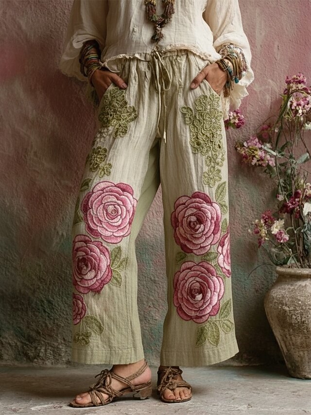 Women's Pants Trousers Straight Vacation Vintage Ethnic Style Full Length Mid Waist Floral Pocket Elastic Waist Print Comfy Breathability Micro-elastic Outdoor Vacation Street Green Summer Spring Fall4