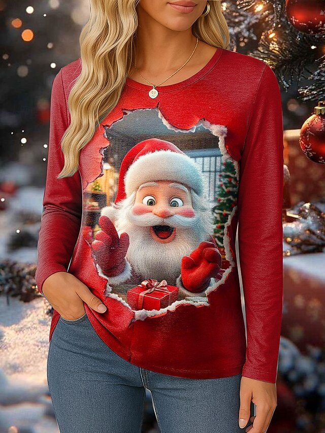 Christmas Women's T Shirt Graphic Santa Claus Vintage Fashion Stylish Long Sleeve Crew Neck Regular Tops Daily Weekend Print Red Spring Fall Winter3