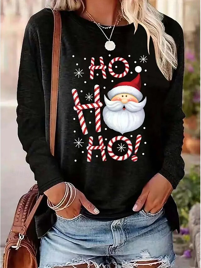 Christmas Women's T Shirt Graphic Santa Claus Snowflake Fashion Casual Long Sleeve Crew Neck Regular Tops Daily Weekend Print Black Blue Spring Fall Winter4
