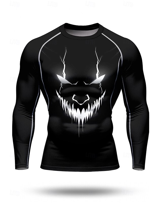  男性用 コンプレッション・シャツ ランニングＴシャツ 3Dプリント 長袖 ベース層 ハロウィーン 速乾性 ビデオ圧縮 パワーフレックス 吸汗性 ジムトレーニング アクティブトレーニング 運動 スポーツウェア アクティブウェア ブラック