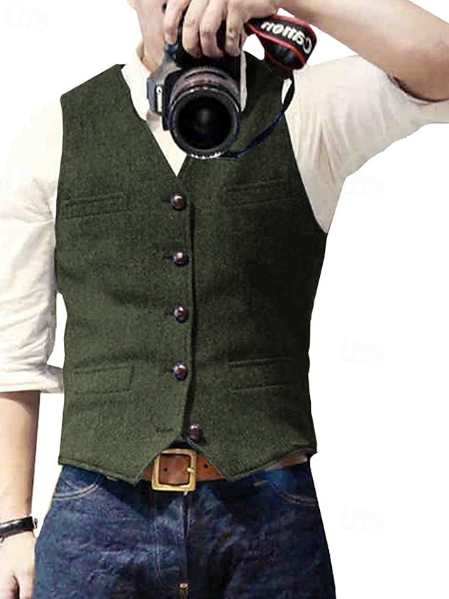  Hombre Chaleco Vacaciones Fiesta Negocio Moda Casual Primavera Otoño Bolsillo Botones Poliéster Cómodo Color sólido Recto 1 botón Escote en Pico Ajuste regular Plata Negro Champaña Vino Chaleco