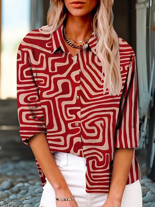 Women's Shirt Geometric Active Daily Stylish Long Sleeve Shirt Collar Regular Tops Daily Holiday Buttons Print Red Summer Spring Fall4