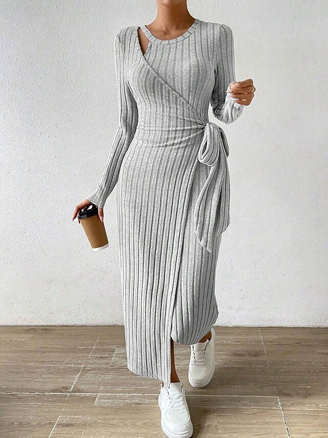 Women's Midi Dress Sweater Dress Sheath Dress Fashion Modern Vacation Daily Going out Regular Fit Plain Long Sleeve Crew Neck Grey Spring Fall4