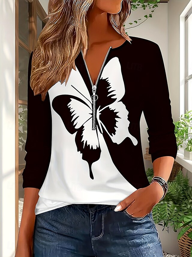 Women's T Shirt Graphic Color Block Butterfly Vintage Stylish Classic Long Sleeve V Neck Regular Tops Daily Weekend Zipper Print Black and White Fall Winter4