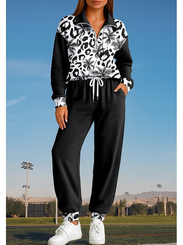 Women's Sweatshirt Tracksuit 2 Piece Tracksuit Drawstring Zip Up Floral Clothing Suit Fall Black Vocation Outdoor Travel Lightweight Fashion Long Sleeve Sport Activewear Stretchy Regular Fit4