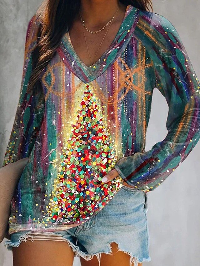 Christmas Women's T Shirt Flag Christmas Tree Elegant Vintage Stylish Long Sleeve V Neck Regular Tops Daily Going out Weekend Print Black Red Blue Summer Spring Fall Winter4