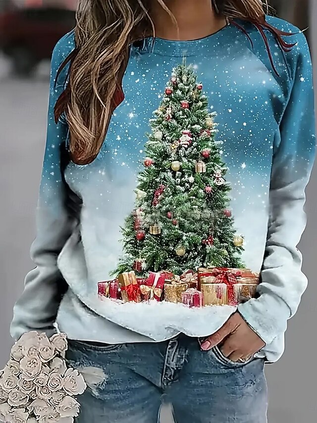 Chiristmas Women's Pullover Sweatshirt Graphic Snowman Tree Fashion Casual Long Sleeve Crew Neck Regular Tops Street Dailywear Print Black Blue Fall Winter4