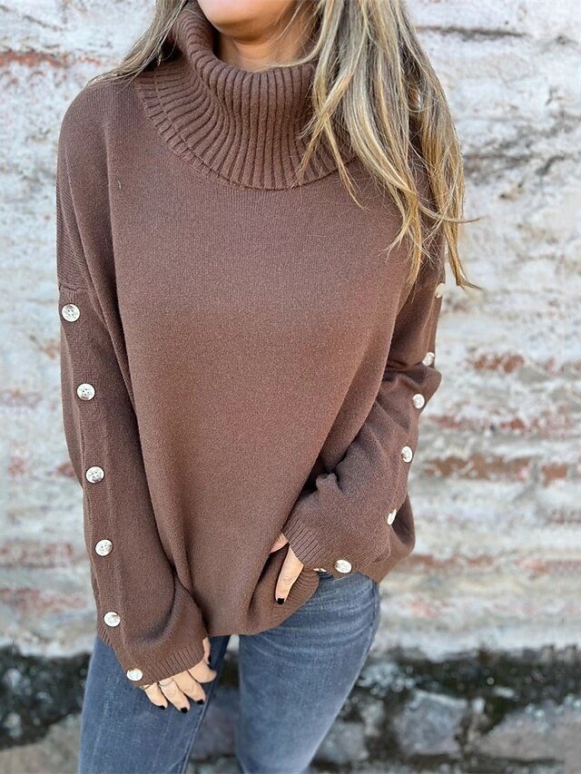 Women's Sweater Fashion Streetwear Casual Pure Color Ribbed Turtleneck Buttons Knitted Long Sleeve Regular Tops Knit Outdoor Daily Weekend Brown Fall Winter4