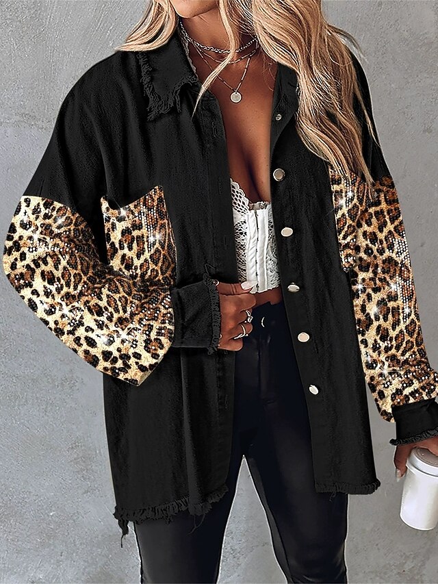 Women's Casual Jacket Comfortable Breathable Pocket Color Block Buttons Casual Leopard Vacation Street Casual Daily Wear Single Breasted Regular Turndown Loose Fit Long Sleeve Outerwear Black Spring4