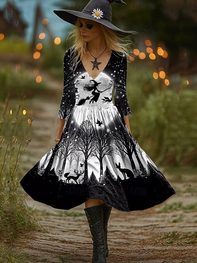 Halloween Women's Witch Print Midi Dress A Line Dress Vacation Casual Party Regular Fit Graphic Hocus Pocus Long Sleeve V Neck Black Orange Spring Fall3
