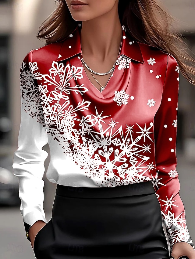 חג המולד בגדי ריקוד נשים חולצה Ombre גראפי פתית שלג אלגנטית מסוגנן יום יומי שרוול ארוך צוואר בדוגמת דרפה חולצות רגילות עבודה בגדי ערב למסיבה יומי Ruched בד נשפך אודם כחול ים ירוק אזמרגד סתיו חורף