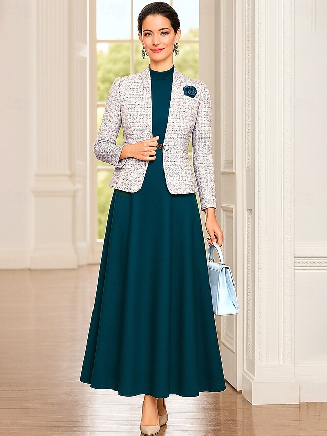 Two Piece Dress Sets Mother of the Bride Dress Formal Elegant Tailored Crew Neck Tea Length Woolen Sleeveless Short Jacket Skirts with Flower4