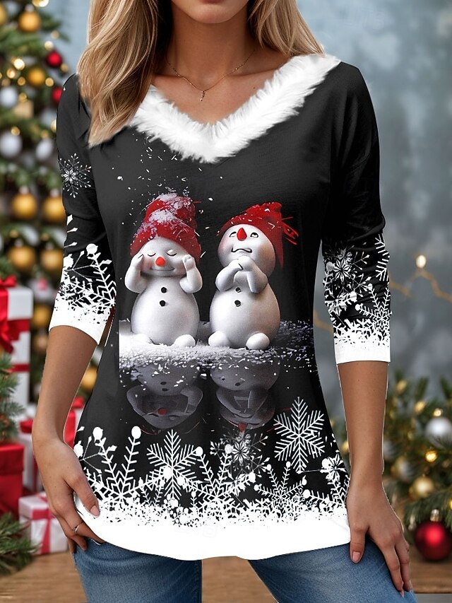Christmas Women's T Shirt Graphic Snowflake Vintage Stylish Classic Long Sleeve V Neck Regular Tops Daily Patchwork Print Wine Blue Green Fall Winter4