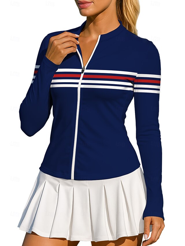 Women's Geometric Stripes Tops Sport Shirt Tennis Shirt Tennis Tee Long Sleeve Zipper Floral UPF50+ UV Resistant High Elasticity Moisture Wicking Breathable Volleyball Tennis Golf Crew Neck Round4