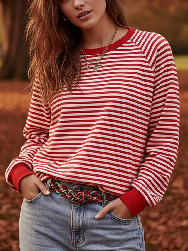 Women's Pullover Sweatshirts Striped Fashion Streetwear Classic Long Sleeve Crew Neck Round Neck Regular Tops Dailywear Casual Print Red Spring Fall4