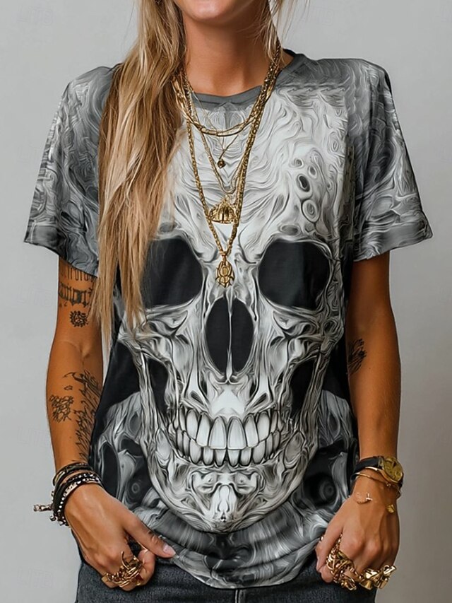 Halloween Women's T Shirt Skulls Graphic Vintage Stylish Classic Short Sleeve Crew Neck Regular Tops Daily Weekend Print Gray Fall Winter3