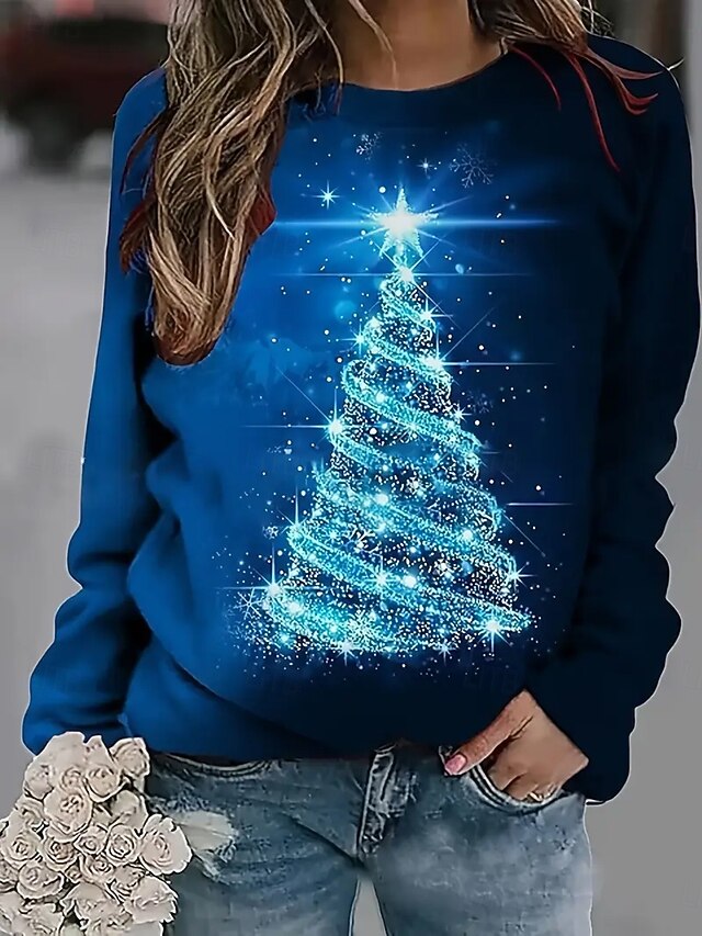 Christmas Women's Pullover Sweatshirt Hoodies Graphic Animal Tree Fashion Casual Long Sleeve Crew Neck Regular Tops Street Dailywear Casual Print Denim Blue Blue Green Spring Fall Winter4