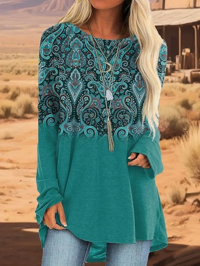  Femmes T-shirt Graphique Tribal ancien Élégant Occasionnel manche longue Col ras du cou Hauts Longs Quotidien Sortir Week-end Imprimé Bleu Violet Vert Kaki Printemps Automne