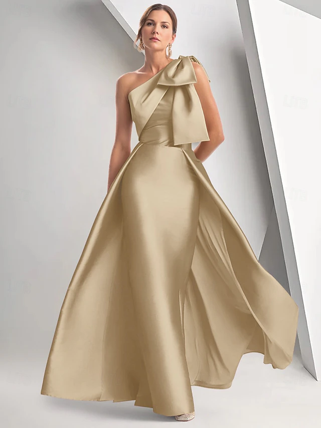 A-Line Evening Gown Elegant Dress Formal Floor Length Sleeveless One Shoulder Fall Wedding Guest Satin with Bow(s) 19