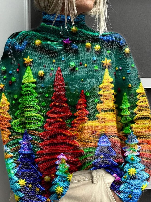 Women's Sweater Elegant Fashion Streetwear Graphic Tree Turtleneck Knitted Long Sleeve Regular Tops Knit Work Going out Black Red Fall Winter4