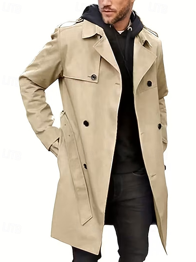  Herren Mantel Trenchcoat Langer Trenchcoat Urlaub Täglich Frühling Herbst Polyester Winddicht Oberbekleidung Bekleidung Mode Klassisch Einfach Tasche Revers Doppelreihig