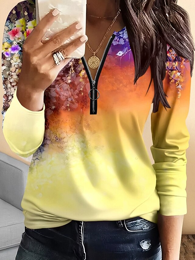 Women's T Shirt Floral Graphic Vintage Fashion Stylish Long Sleeve Crew Neck Regular Tops Daily Zipper Print Yellow Blue Green Spring Fall Winter4