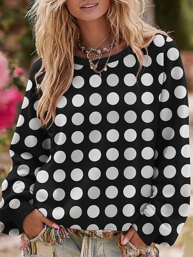 Women's Pullover Sweatshirts Geometric Polka Dot Fashion Streetwear Classic Long Sleeve Round Neck Regular Tops Dailywear Casual Print Black Spring Fall4