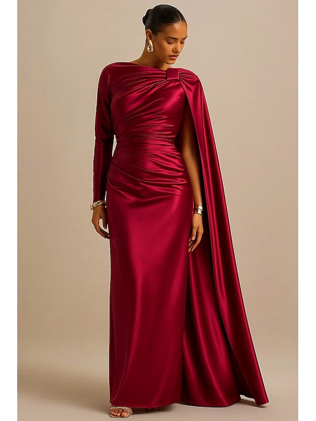  Fourreau / Colonne Robe de Soirée Élégant Robe de soirée Formel Mariage Longueur au sol manche longue Une Épaule Satin avec Plis 2025