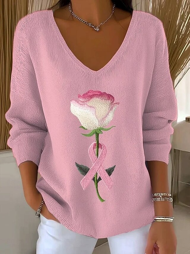 Women's Sweater Casual Soft Floral Graphic Ribbed V Neck Knitted Print Long Sleeve Regular Tops Knit Outdoor Daily Weekend Pink Fall Winter4