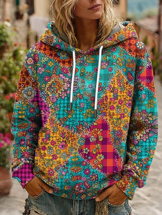 Women's Pullover Hoodies Floral Plaid Retro Casual Boho Long Sleeve Hooded Regular Tops Dailywear Casual Drawstring Pocket Print Blue Spring Fall4