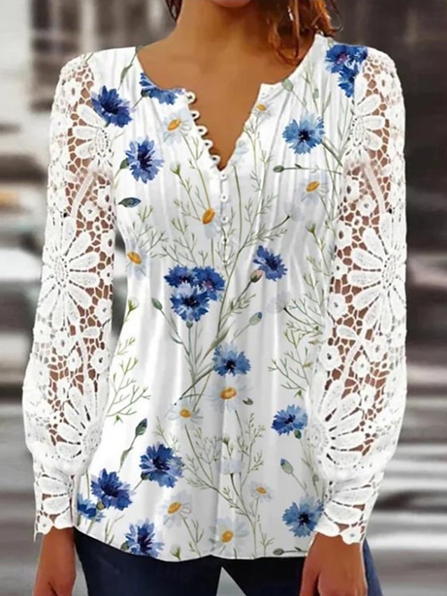  Damen Spitzenbluse Bluse Blumen Elegant Stilvoll Basic Langarm V Ausschnitt Normale Oberteile Täglich Spitze Knöpfe Druck Weiß Blau Himmelblau Purpur Frühling Herbst