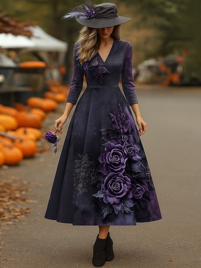 Halloween Women's Midi Dress Sundress A Line Dress Halter Dress Vacation Casual Wedding Party Birthday Regular Fit Floral Graphic 3/4 Length Sleeve V Neck Burgundy Purple Green Spring Fall4