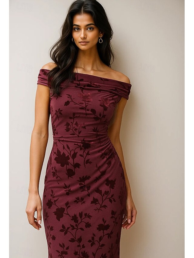 Floral Sheath / Column Cocktail Dresses Elegant Formal Dress Formal Wedding Tea Length Midi Length Sleeveless Off Shoulder Velvet with Pleats 20254