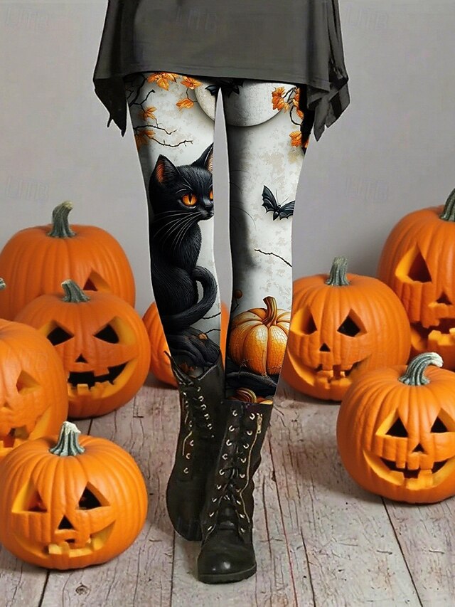 Women's Leggings Cozy Leggings Basic Casual Full Length High WaistPantsHalloween Cat Pumpkin Printing Thermal Warm Comfortable Stretchy Vacation Casual Daily White Fall Winter Slim Fit4