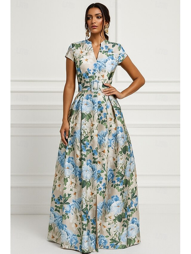 A-Line Evening Gown Elegant Dress Formal Wedding Guest Floor Length Short Sleeve V Neck Pocket Satin with Floral Print Wedding Guest Dress4
