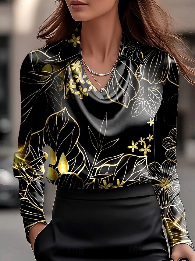 Women's Shirt Ombre Floral Graphic Elegant Stylish Basic Long Sleeve Cowl Neck Regular Tops Work Party Evening Wear Daily Ruched Draped Black White Navy Blue Fall Winter4