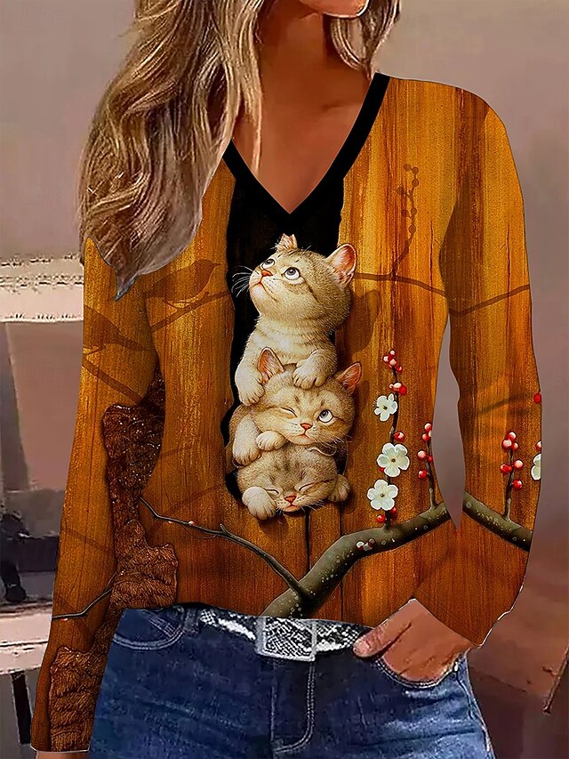 Women's T Shirt Graphic Animal Cat Vintage Stylish Classic Long Sleeve V Neck Regular Tops Daily Print Orange Spring Fall Winter4